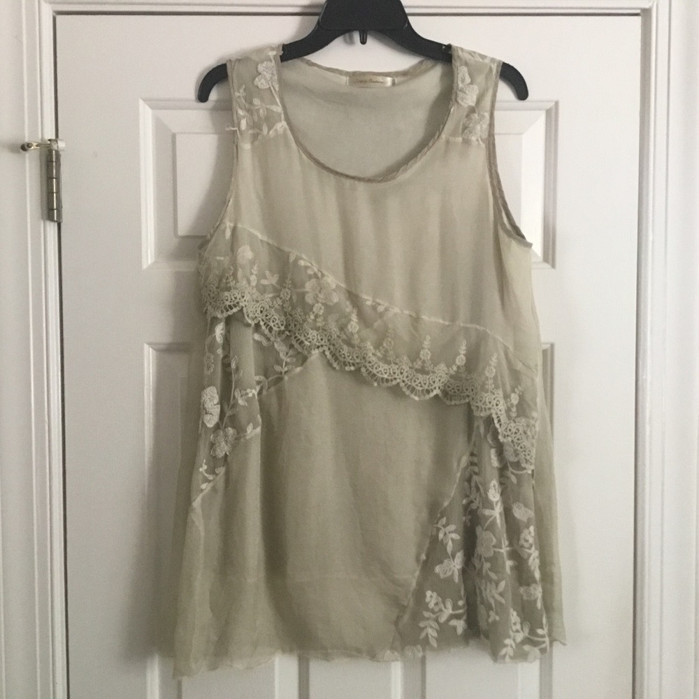 3/$15 SIMPLY COUTURE tan sheer embroidered overlay tank tunic top L